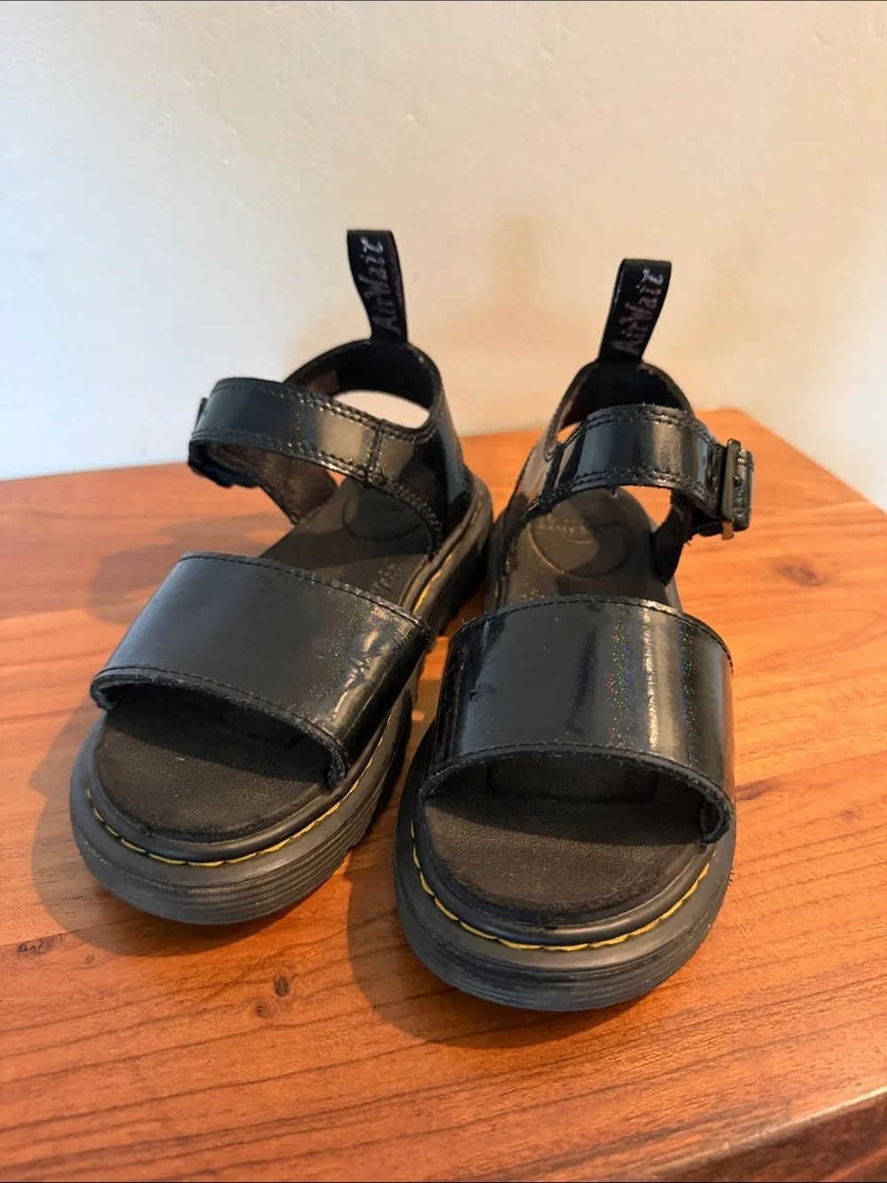Dr. Martens Kids Black Patent Sandals with Yellow Stitch
